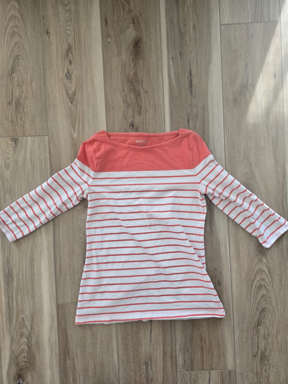 Merona Coral and White Striped Boatneck Three-Quarter Sleeve Top